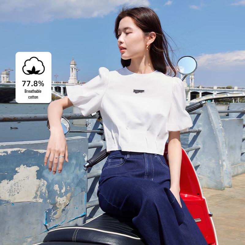 Xiangying Women s White Puff Sleeve T-Shirt S