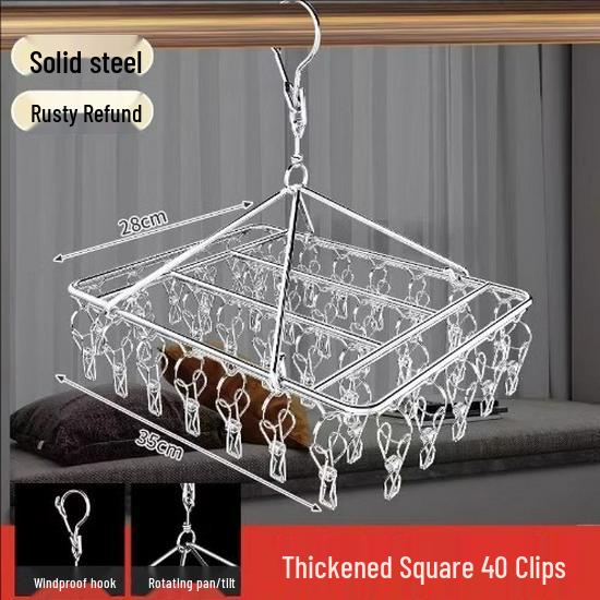 Stainless Steel Multifunctional Drying Rack with Multiple Clips – Windproof Hanger for Socks and Underwear.