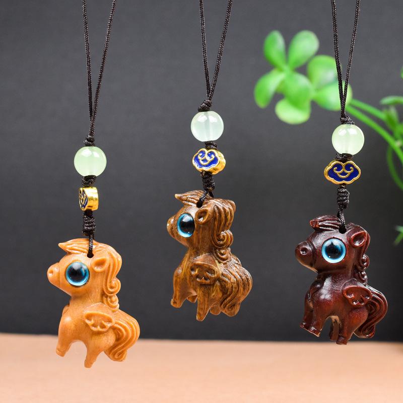 Sandalwood Zodiac Animal Carvings: Personalized Cute Phone Charm Keychain Pendants Barbiewood (Yellow)