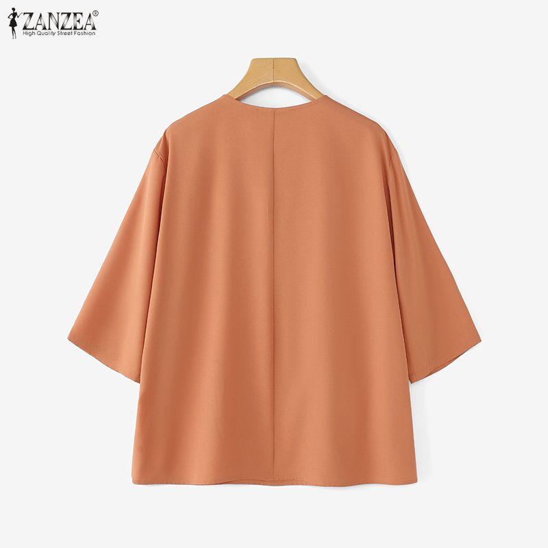 ZANZEA Women Casual Round Neck Loose 3/4 Sleeve Blouse