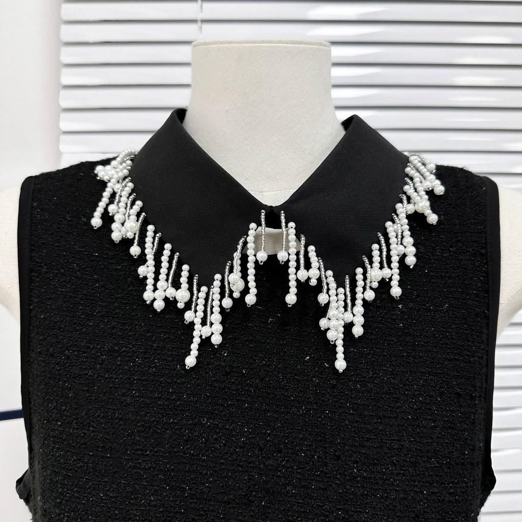 Elegant Pearls Beaded Tassels Trim Detachable Faux Collar Enhances Clothing Layers for Women Jewelry Bib Choker Neckalce
