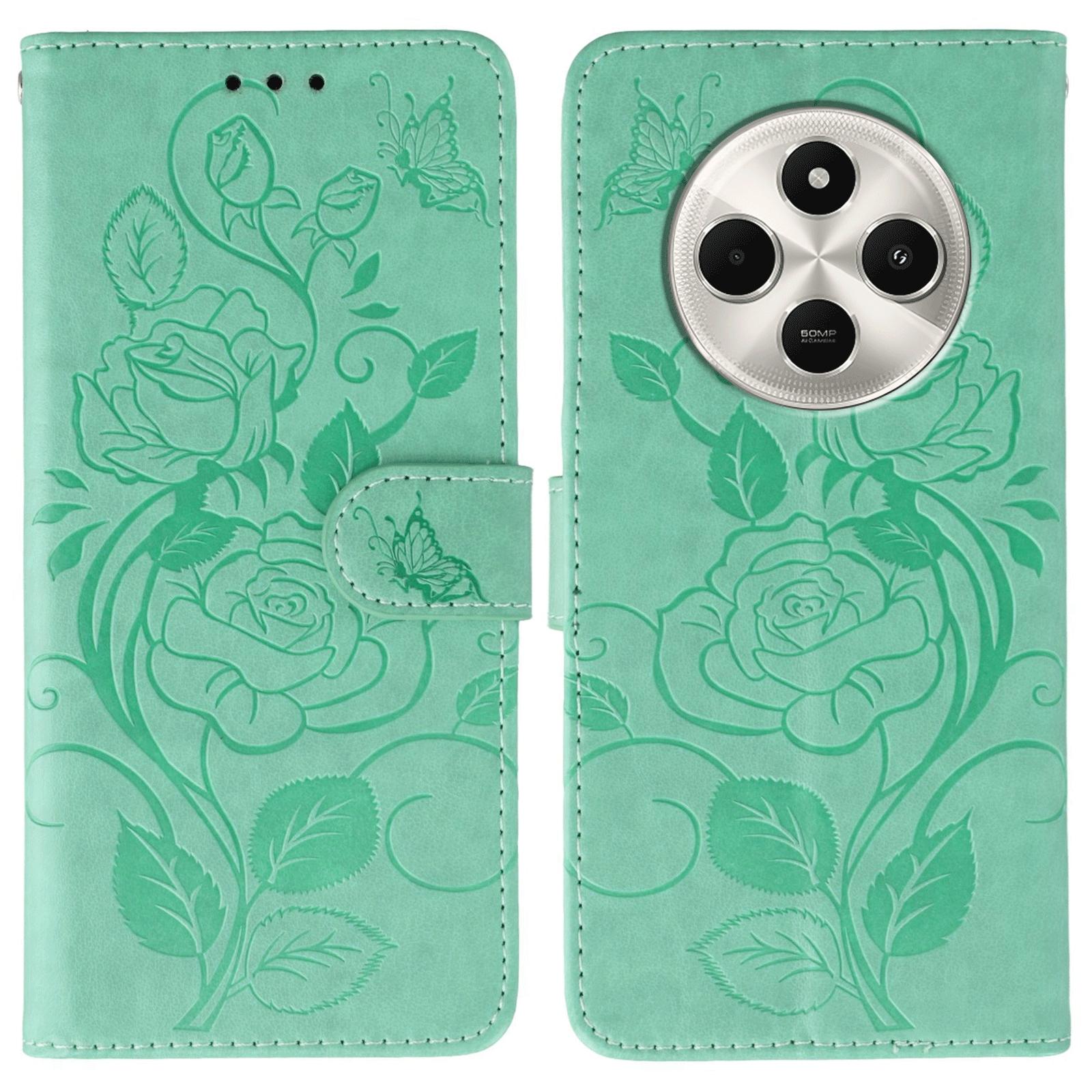 

Чохол для телефону для Xiaomi Poco C75 4G/Poco M7 5G/Redmi 14C 4G/14R 5G Гаманець Підставка З тисненням Троянда Метелик PU Шкіряний Чохол Green