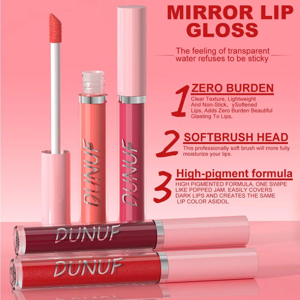 DUNUF Water Light Lip Glaze Mirror Glass Nude Pink Brown 16 Colors Highly Pigmented Lip Gloss Hydrating Sexy Red Lipstick Makeup