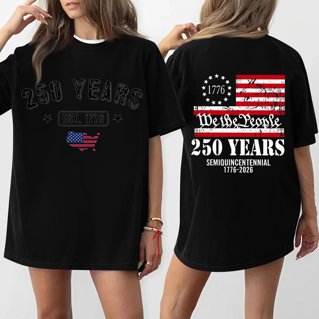 Women's Casual Independence Day 250 Anniversary Printed T-shirt Round Neck Pullover Short Sleeve Top