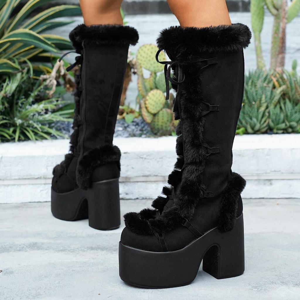 Gothic Lolita Wasserdichte Plateau High Heel Wildleder Schneestiefel - Damen Plüsch Warm Hoher Schaft