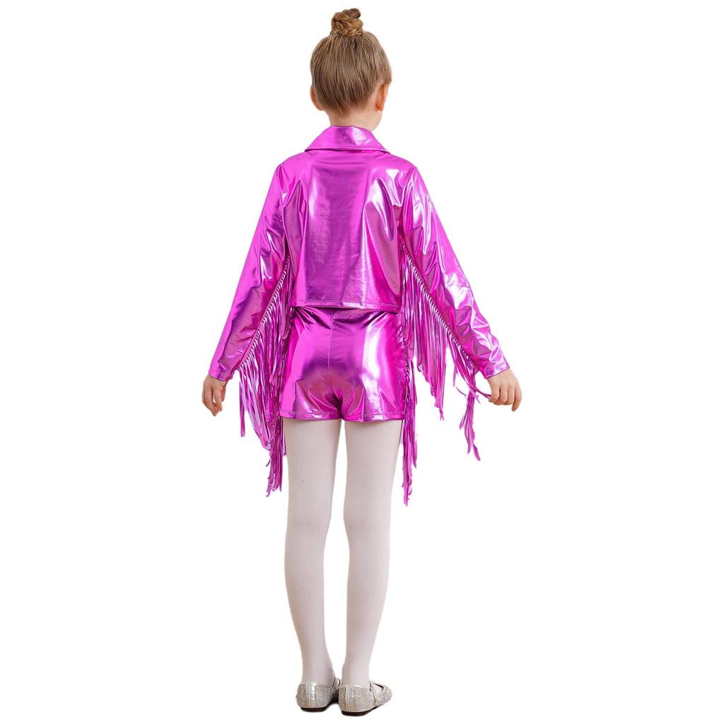 Mädchen Tanzjacke Quasten Fransen Metallic Top Umlegekragen Langarm Reißverschluss Glänzende Jacke Shorts