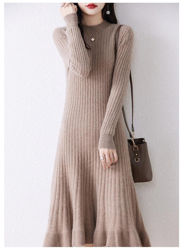 Elegant Women's 100% Pure Wool Knit Dress - Slimming, Round Neck, Long Cashmere for Autumn and Winter