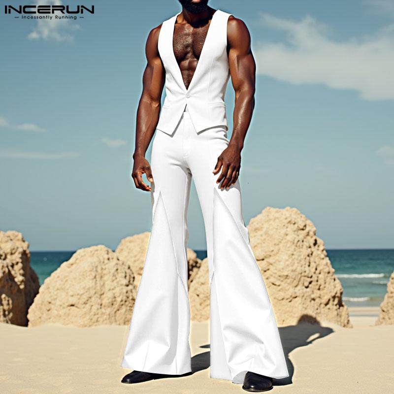 INCERUN Two Pieces Men Sleeveless Waistcoats Long Stitching Flare Pants Sets