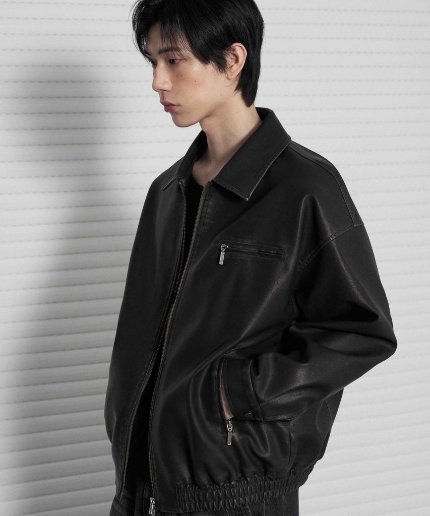 Leathery Washed Leather Oversized Blouson Jacket [Washed Black]