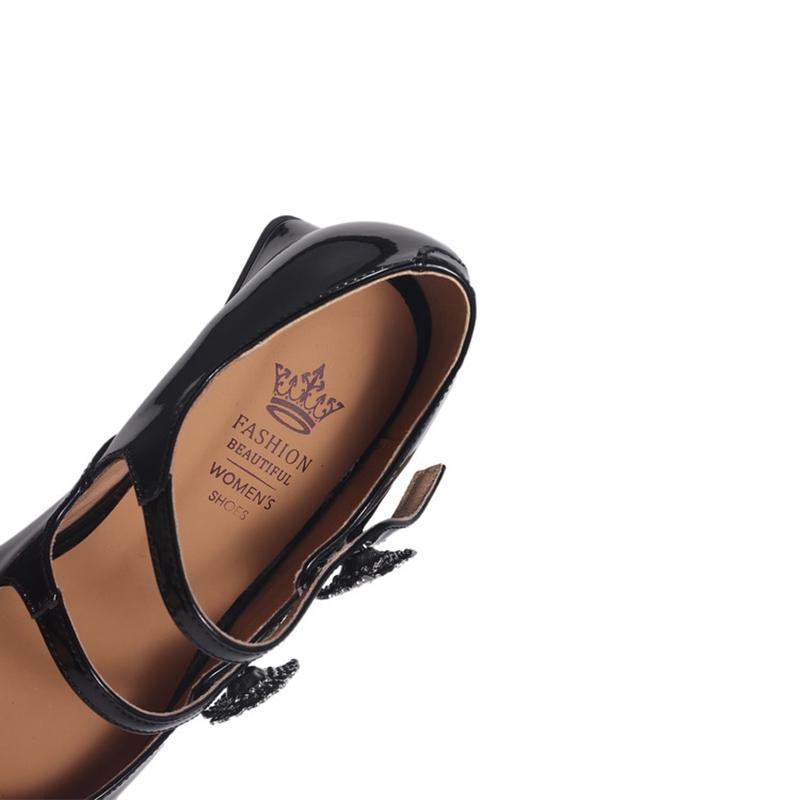 Fashion New women's genuine leather, cowhide, patent leather, round toe rhinestone flower belt buckle, high heels, Mary Jane shoes