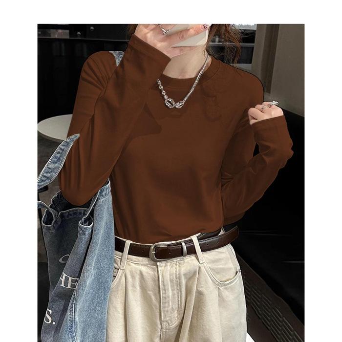 

9 cotton elastane 1g, round neck long-sleeved shirt for women s spring, autumn and winter with solid color basic T-shirt ins 2XL темно-коричневого кольору