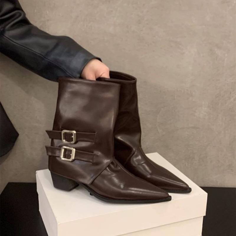 Vintage Suede Women Trouser Legs Boots Fashion Belt Buckle Slip On Shoes Autumn Winter Wedges Heel Ladies Long Booties