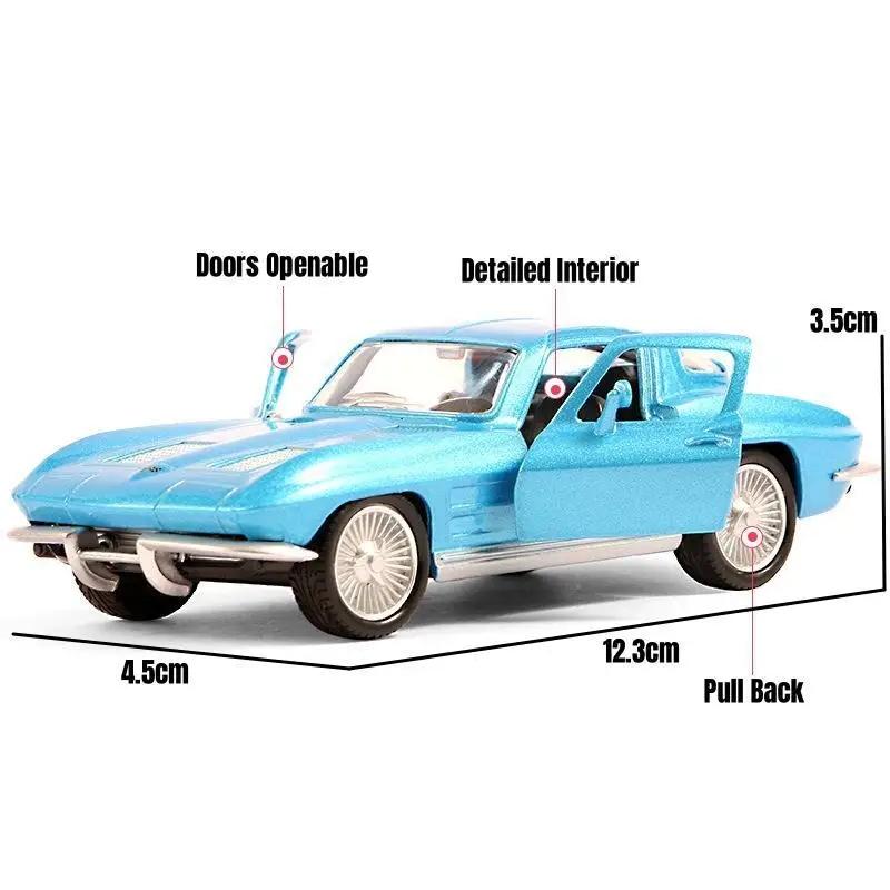 „Retro Classic“, 1963 m. „Chevrolet Corvette C2 Stingray“ 5 colių metalinio automobilio modeliavimo slėginė ir žaislinė transporto priemonė RMZ city 1:36 lydinio modelio dovanos vaikams