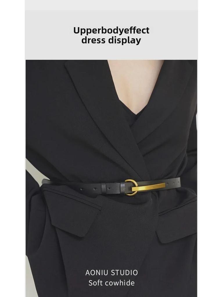 Curea din piele de vacă cu cataramă retro aurie pentru femei - la modă, lungă, cu etanșare în talie de înaltă calitate.