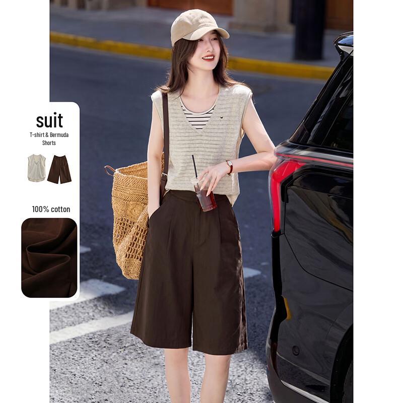 Summer Linen Blend Knit Top & Shorts Set L