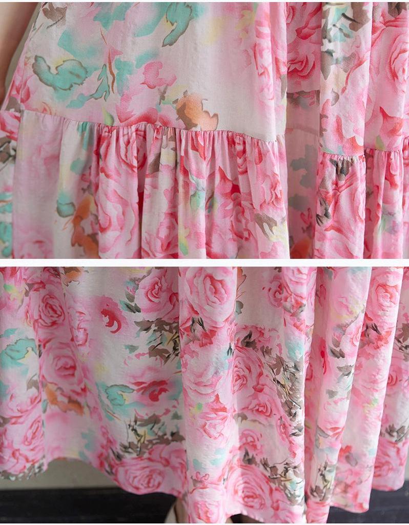 2025 Summer Cotton Linen Printed Long Sling Dress with Patchwork Design