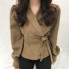 Deep Khaki Suit Collar Waist-Cinching Shirt Tie-up Top for Women - Autumn/Winter 2023 European Style.