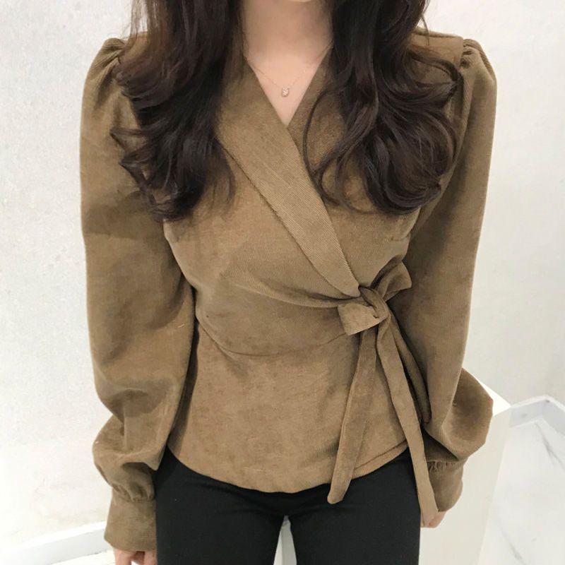 Deep Khaki Suit Collar Waist-Cinching Shirt Tie-up Top for Women - Autumn/Winter 2023 European Style.