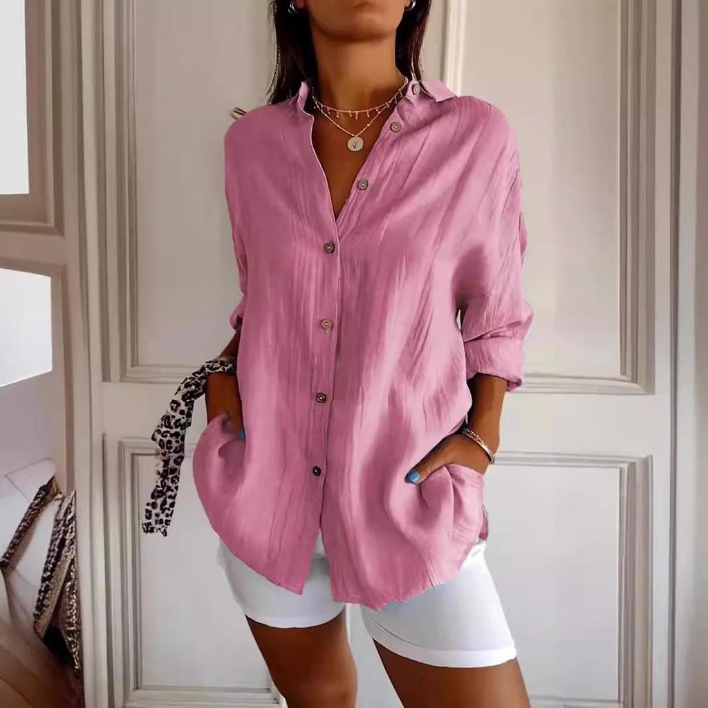 2026 Women's Single-Breasted Turn-Down Collar Shirt, Solid Color with Roll-Up Sleeves