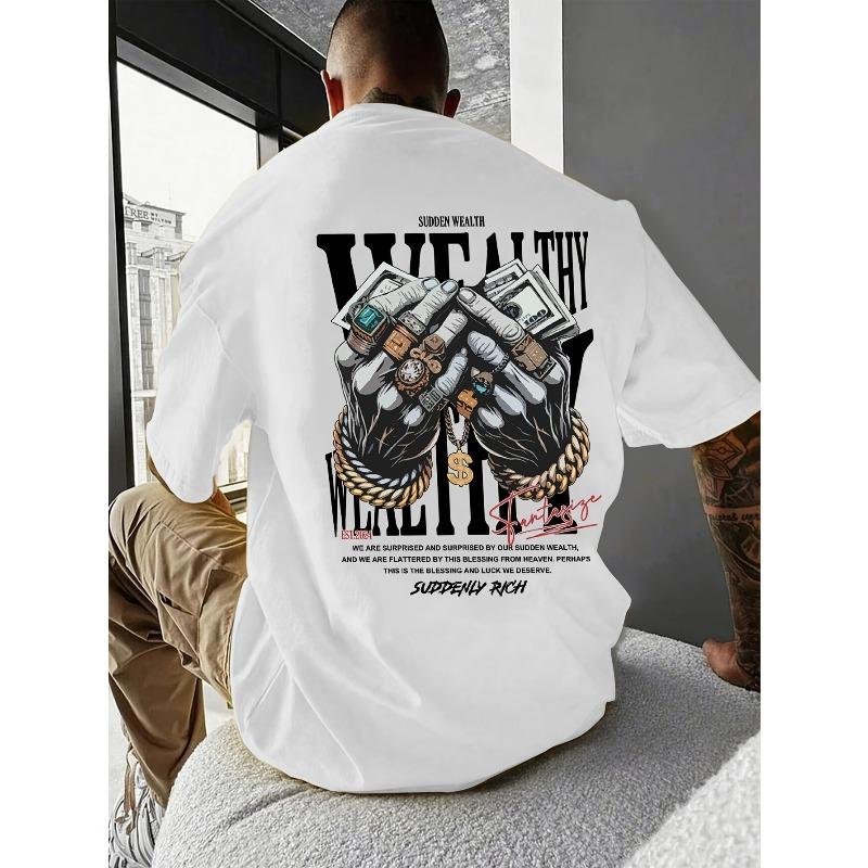 European sizes Men's Casual Short Sleeve T-Shirt with Hands & Jewelry Print - Summer Round Neck Tee