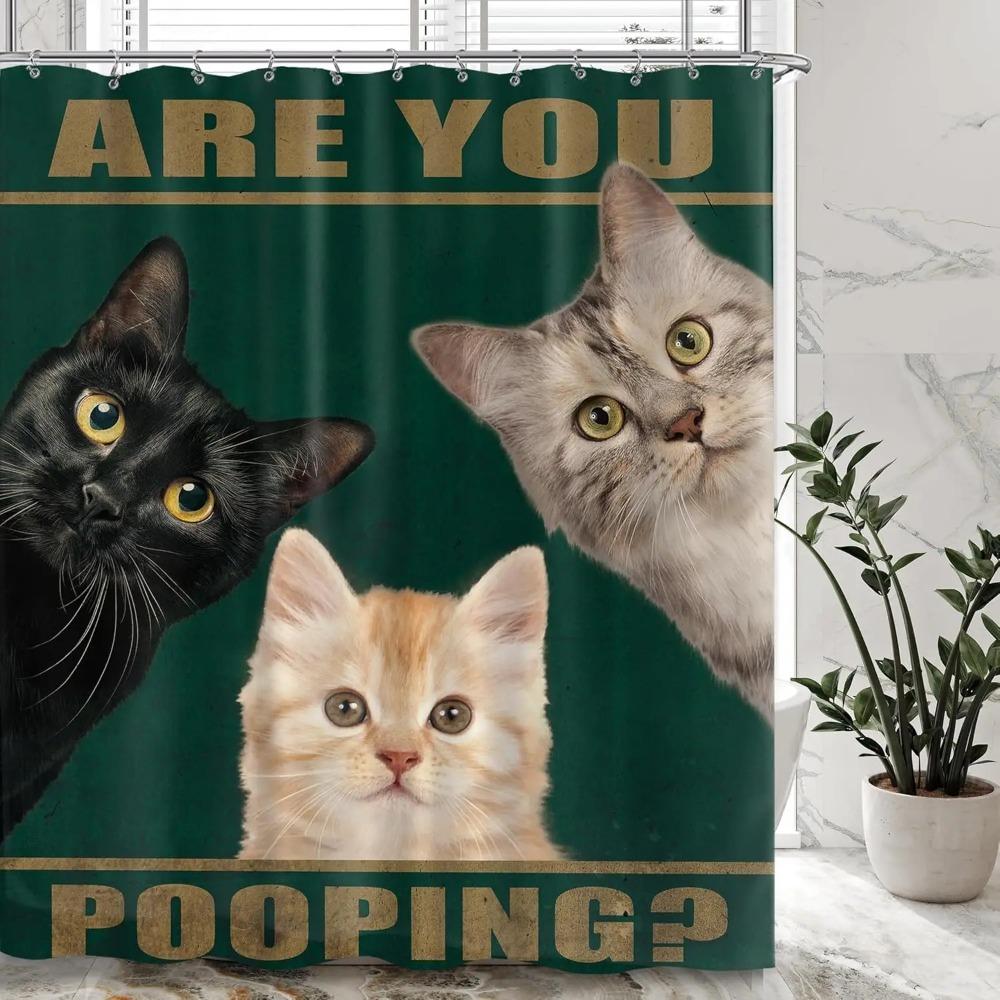 Funny Cat Cartoon Shower Curtain, 3D Printed Cat Bath Decor, Water Resistant Heavy Duty Washable Bathroom Decor