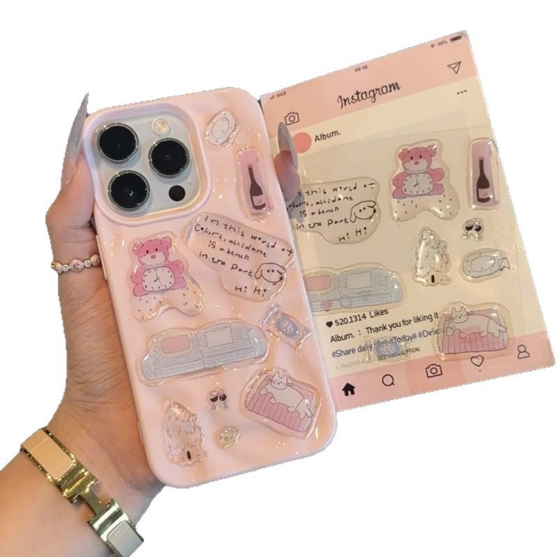 Pink Bear Black Cat Sticker Applicable Apple 17/16 Pro Mobile Phone Case iPhone15 Meteorite 13 Folds 14 Cute