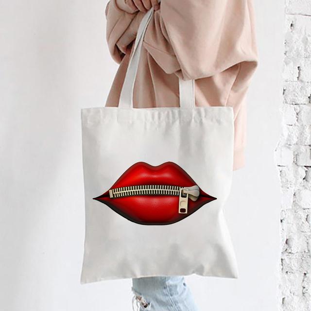 Red Lips Canvas Shoulder Tote Bag For Women Casual Fashion Shopping Bag Large Capacity Handbag Party Travel Orange Best Gifts