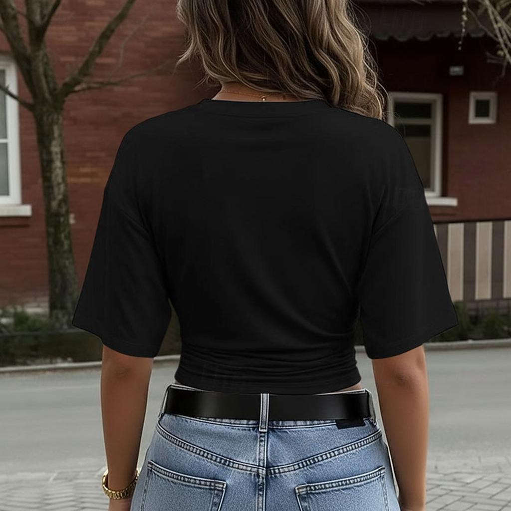 Women's Casual Short Sleeve V Neck Button Down Crop Top with Waist Ruched Design Slim Fit T Shirt