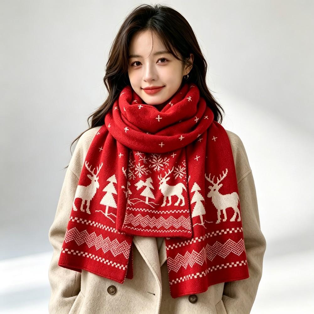 Red Christmas scarf women's winter gift Korean version of versatile Internet celebrity cute deer warm thickened wool scarf