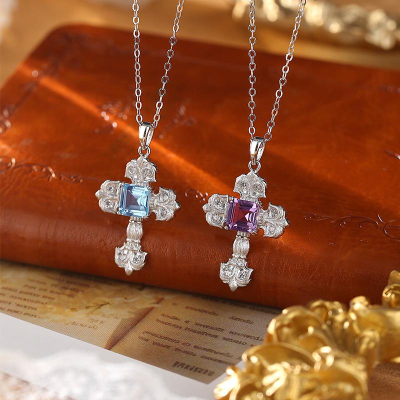 Natural Topaz S925 Sterling Silver Necklace Hip-hop Style Cross Sweet Cool Collarbone Chain Versatile Jewelry