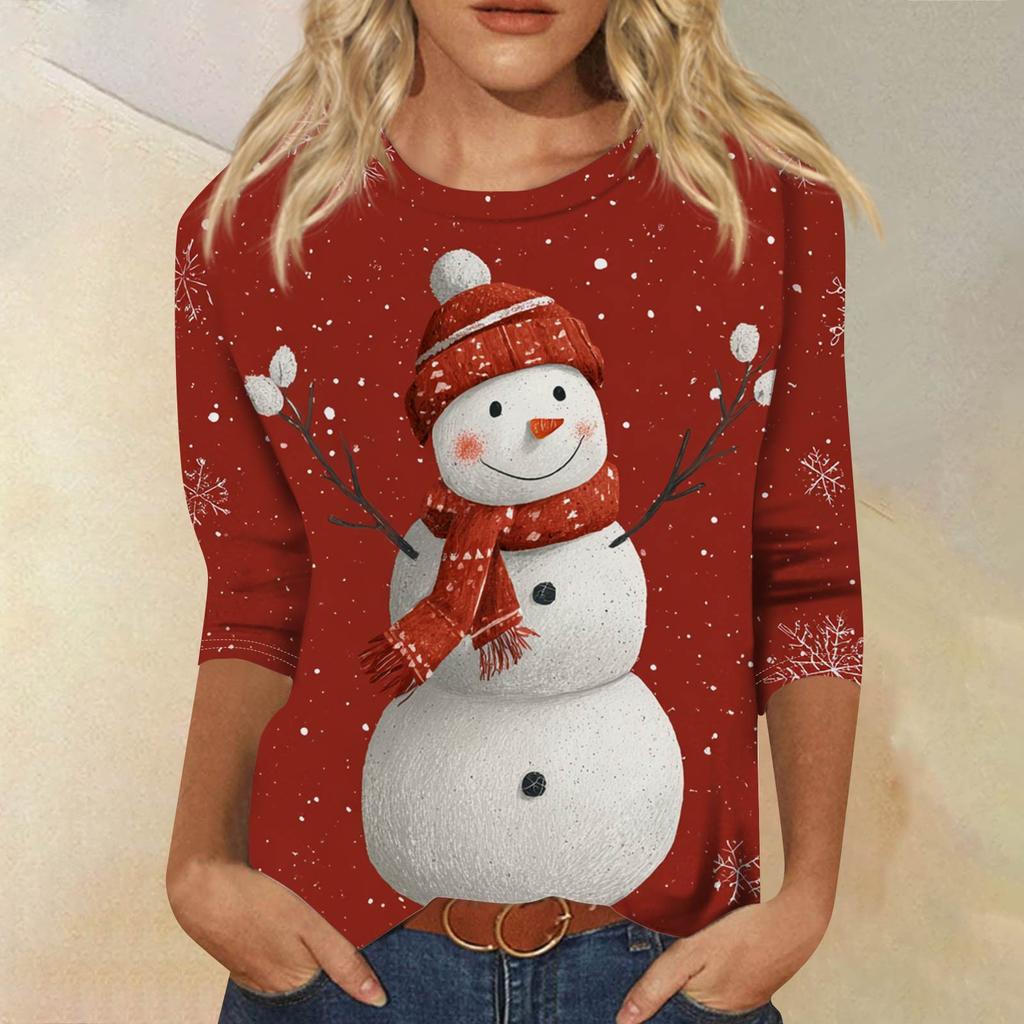 Women's Fashionable Casual Three-Quarter Sleeve Halloween Print Round Neck Top