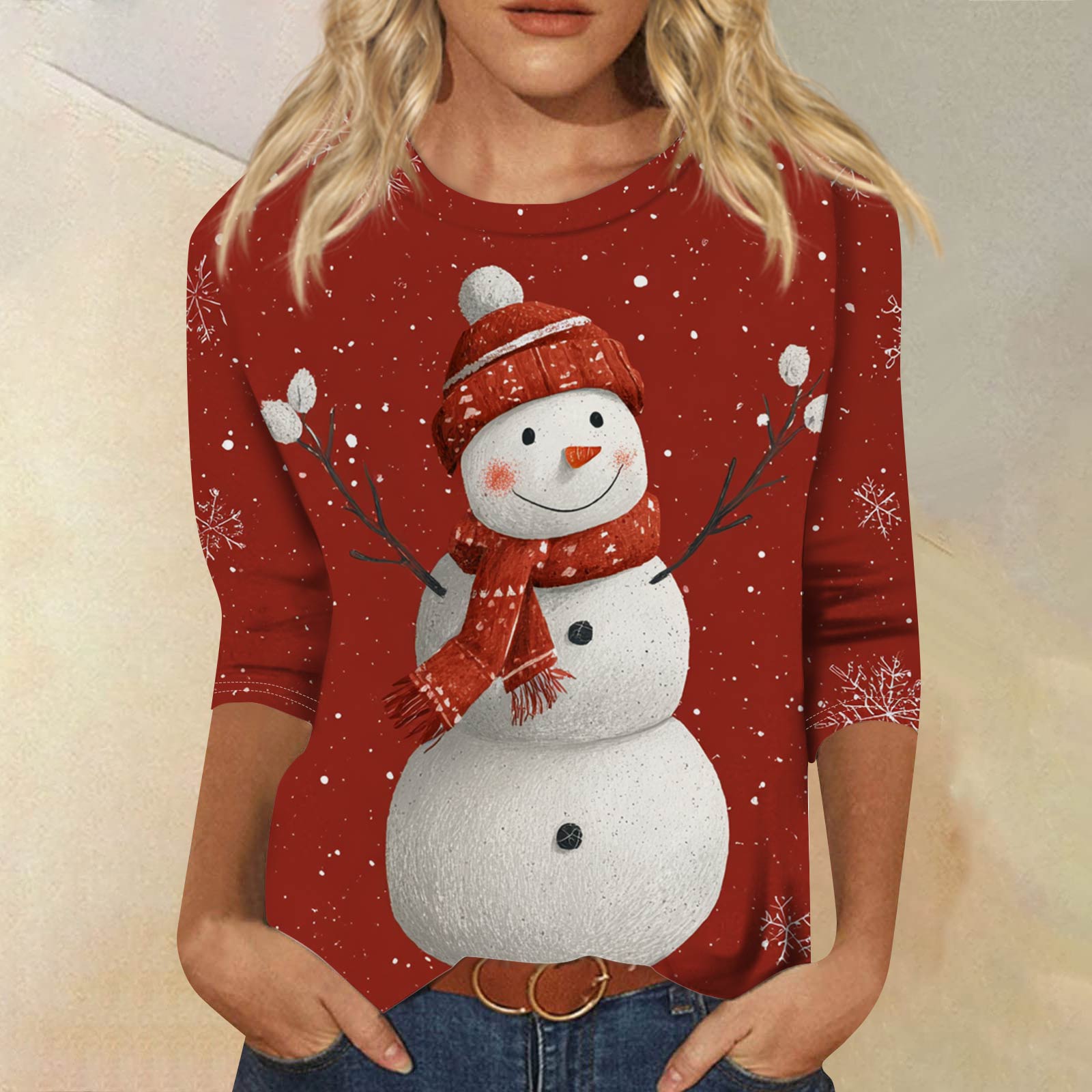 

Женская модная повседневная футболка с рукавом три четверти, принтом на Хэллоуин и круглым вырезом M киноварь