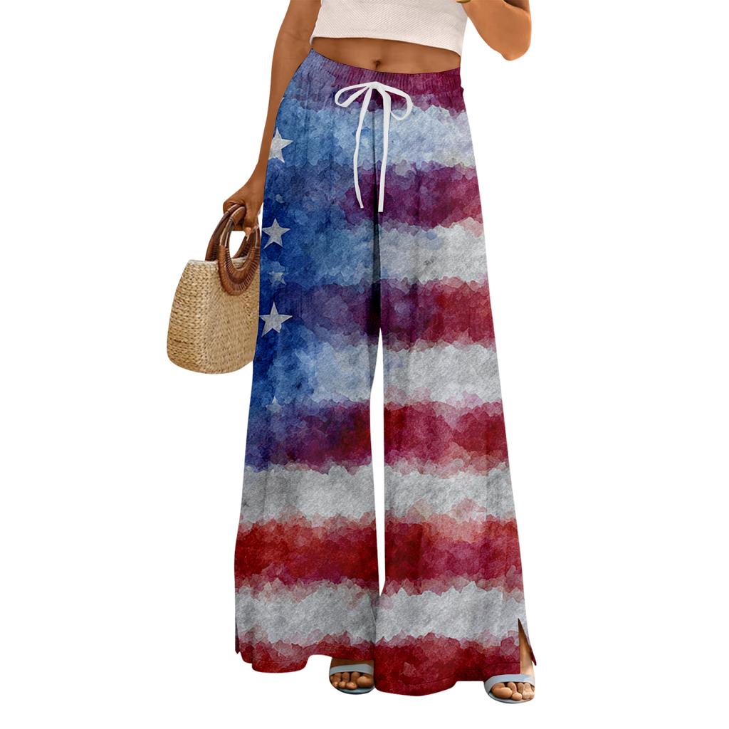 Women Summer Boho Palazzo Pants High Waist Wide Leg Floral Printing Casual Trousers With Pockets