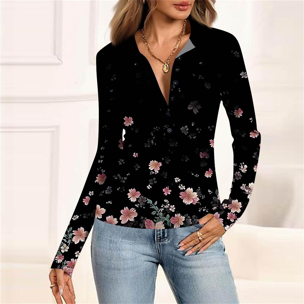 Damenmode Lässig Bedrucktes V-Ausschnitt Langarm Knopfleiste Oberteil