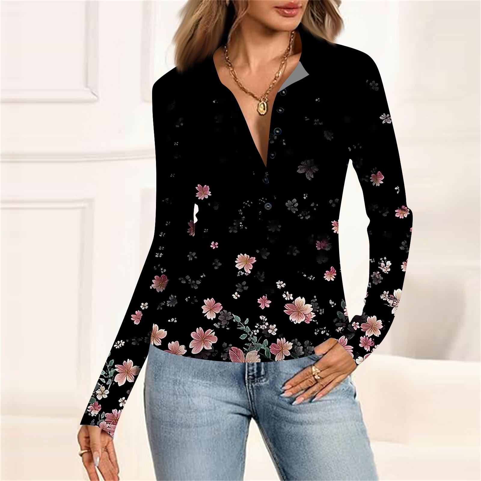 

Женская мода Повседневный принт V-образный вырез Длинный рукав Застегивающаяся на пуговицы блузка S чёрный