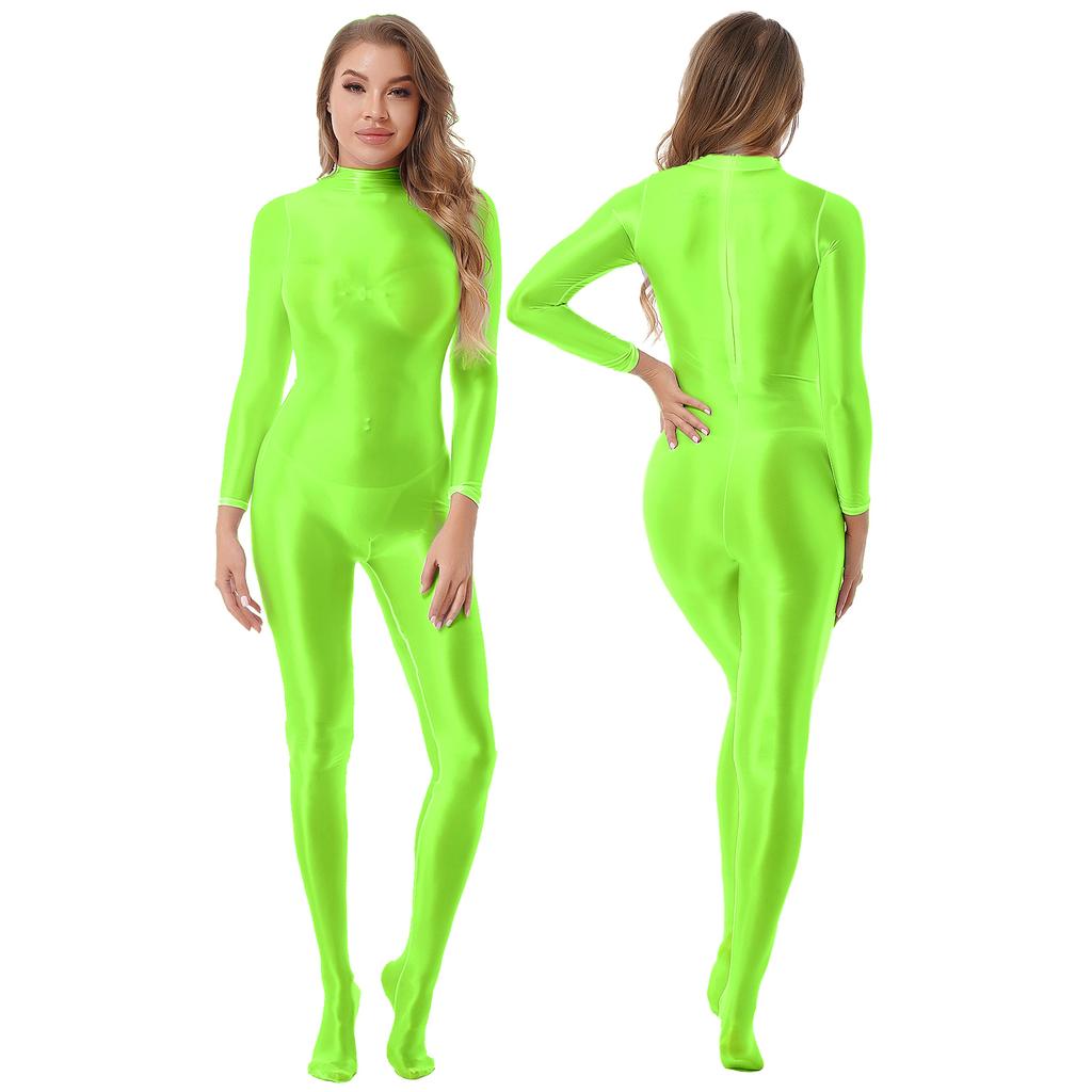 Womens Mock Neck Zipper Back Bodystocking Glossy Full Body Long Sleeve Sportswear Nightwear