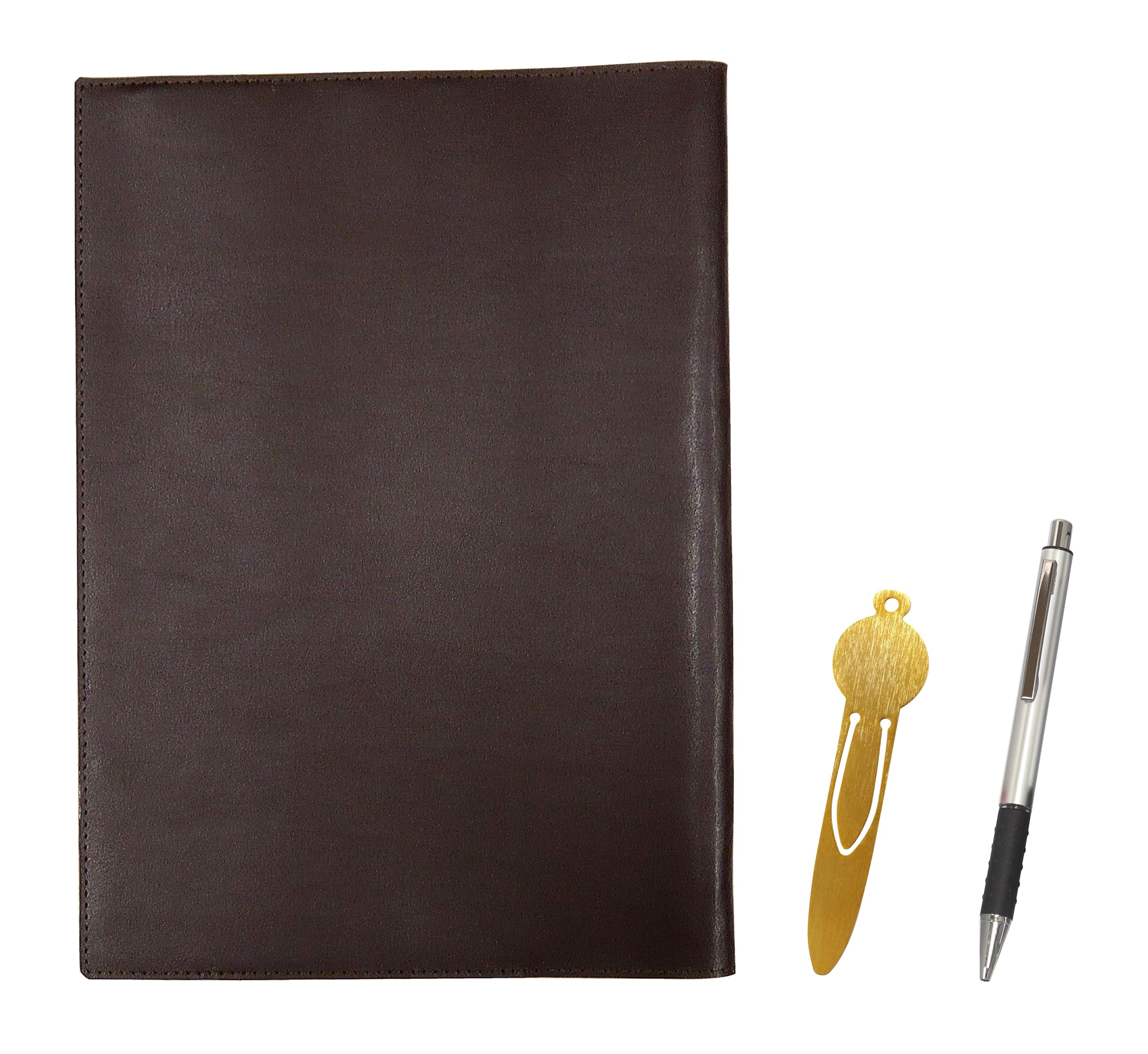 

Brown recycled cowhide B5 book and notebook cover with metal bookmark and silver metal and pitch grip ballpoint pen (T23-NKK01-B5-005C-WZS2062BP)
