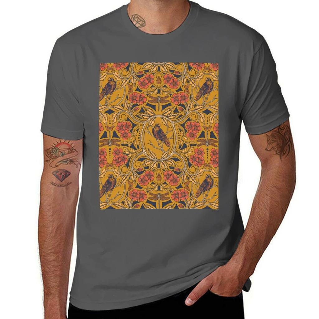 Warm Mustard Yellow Orange Crow Dragonfly Floral Tshirt Fashion Simple Casual Tee Shirt