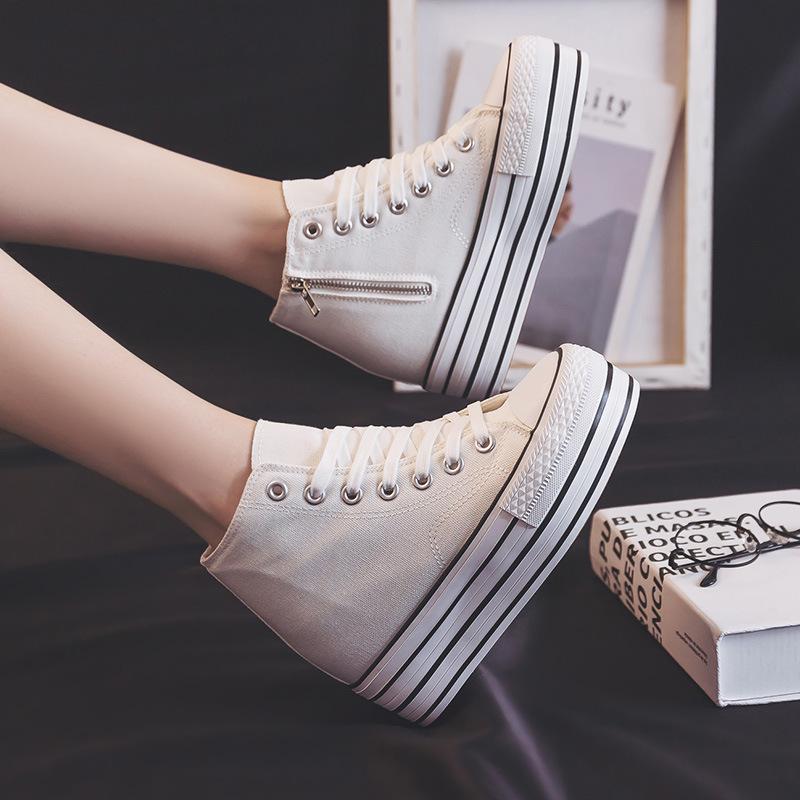 Spring new high-top canvas shoes women's inner height-increasing muffin shoes classic versatile platform casual shoes