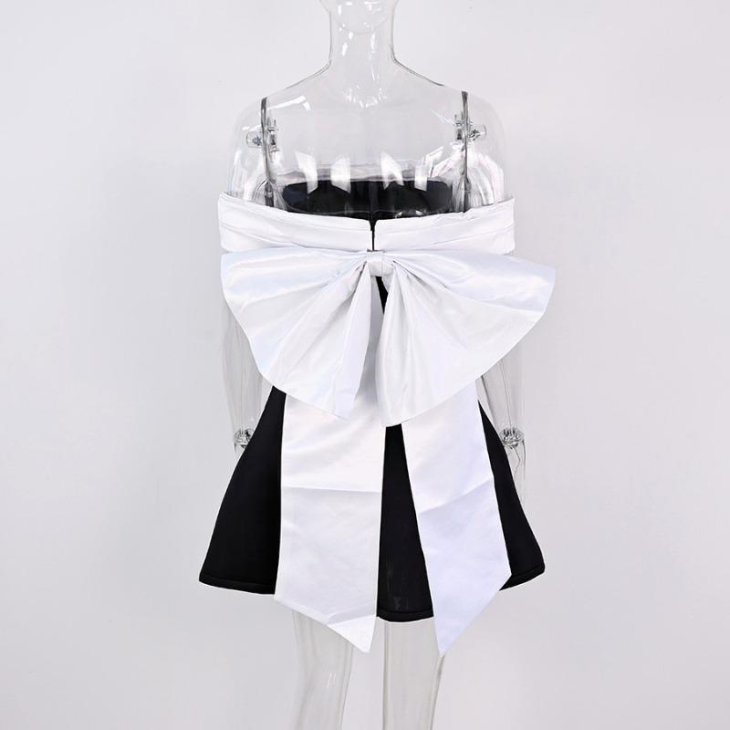 Spot explosion Sexy slim one-word shoulder contrasting dress Bow decorative dress S