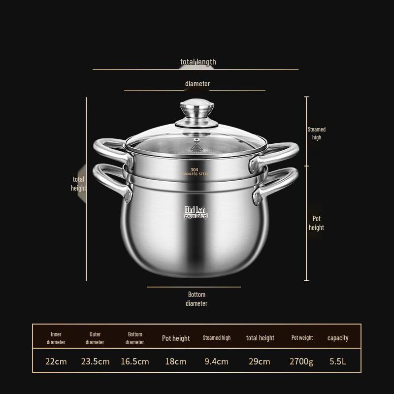 316 Stainless Steel Deep Soup Pot with Steamer