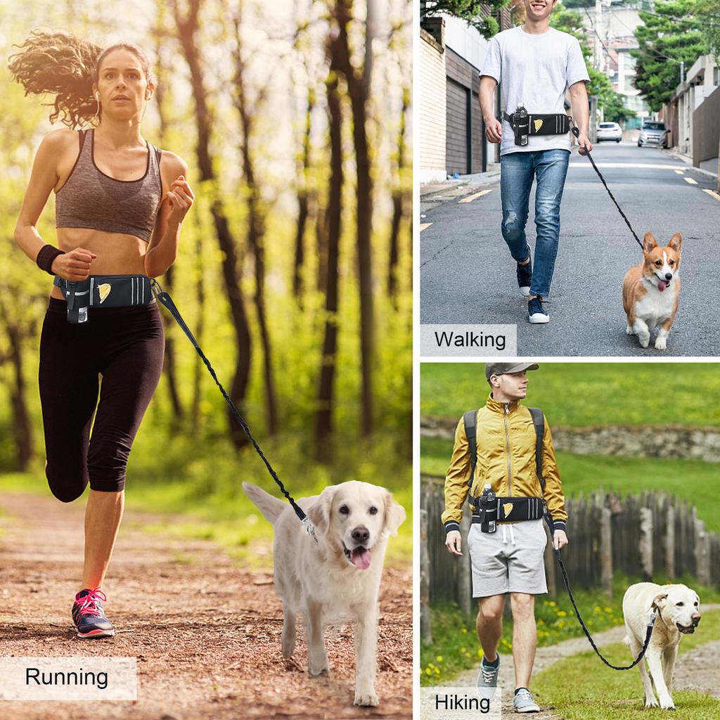Hands Free Dog Leash Waist Bag Reflective Waist Pouch with Retractable Bungees Poop Bag Dispenser