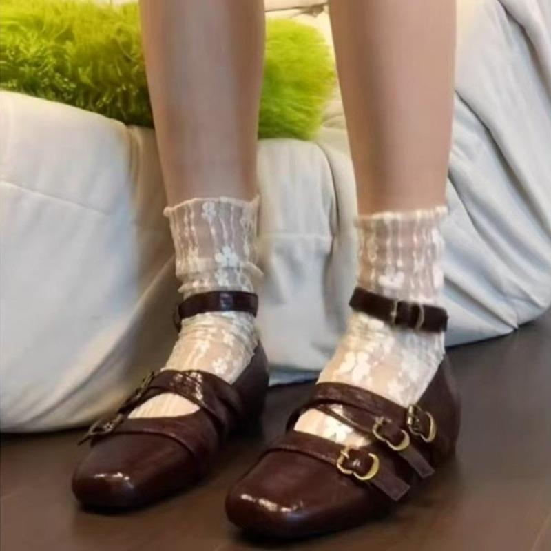 Fashion Fashion Square Toe Shallow Mouth Flats Women's Summer New Metal Belt Buckle Soft Slip Non-Slip Mary Jane Single Shoes
