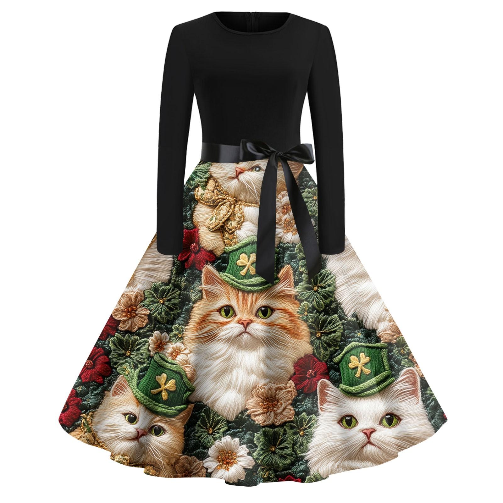 

Женские платья модные с круглым вырезом повседневные тонкие St. Платья с длинными рукавами и принтом ко Дню Святого Патрика XXL золотой