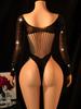 Rhinestone Sexy Lingerie For Women Sexy See Through Mesh Long Sleeve Bodysuit Waist & Back Hollow Out Detail Club Party Outfit