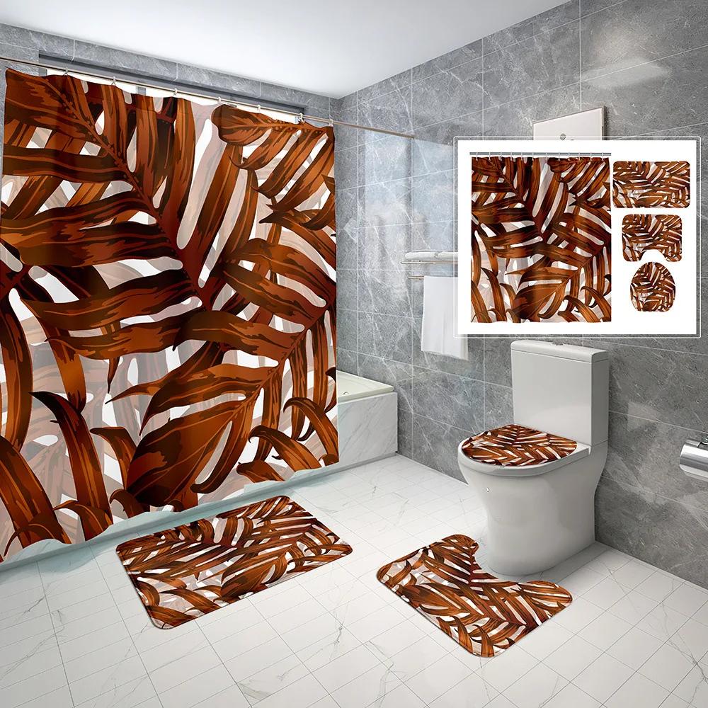 Elegant Leaves Big Flowers Print Shower Curtain With Hooks High Quality Waterproof Bathroom Curtain Bath Mat Set Home Decoration