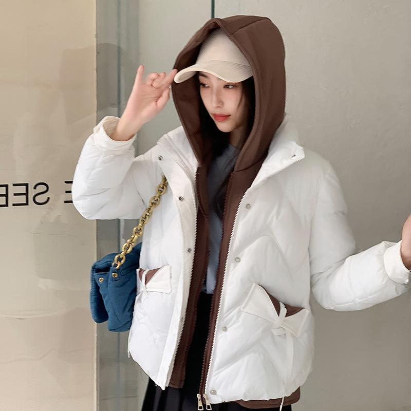 

Hooded fake two pieces short down cotton-padded jacket women s thickened loose warm cotton-padded jacket student jacket M белый