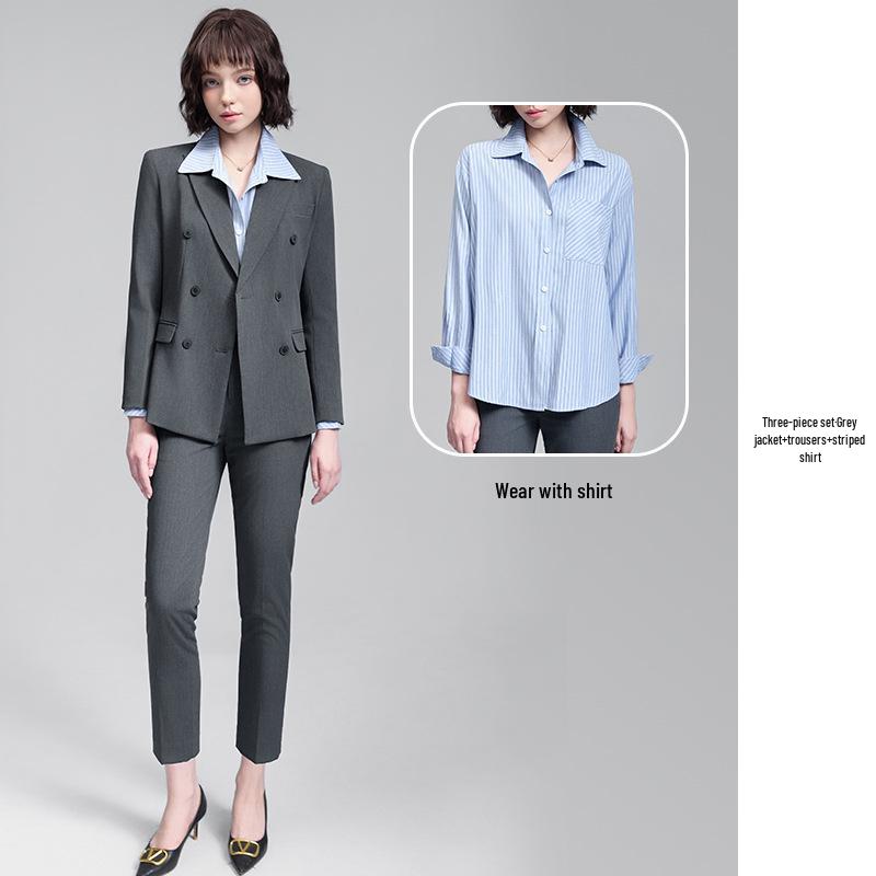 Women's Gray Double-Breasted Suit Set - 2025 Spring/Autumn British Style Formal Workwear