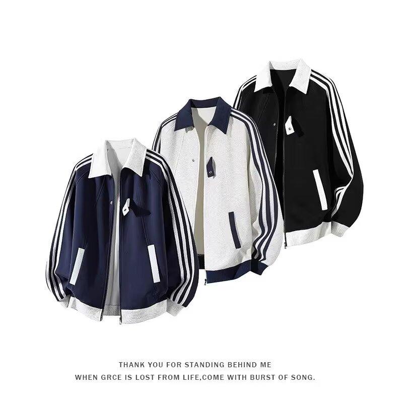 Men's Striped Varsity Jacket Color Block Zip Up Sweatshirt Couple Coat