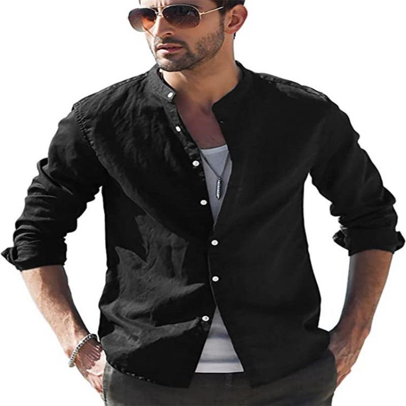 Mens Retro Casual Loose Long Sleeve Stand Collar Solid Shirt